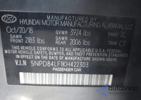 2019 Hyundai Elantra Sel z USA, uszkodzony, nr VIN 5NPD84LF1KH422303